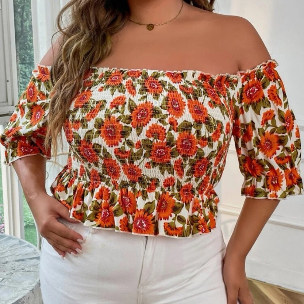 All over floral print off shoulder shirred peplum blouse